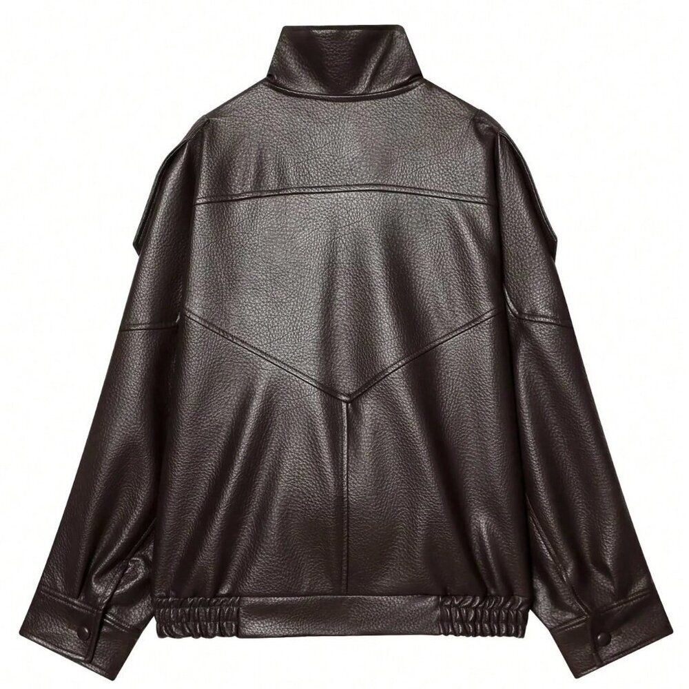 Chocolate Brown Casual Women's Long Sleeve Polyurethane Bomber Jacket - Picture 2 of 2